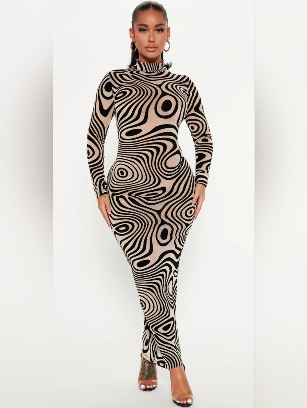 Beige and Black Wave-Print Long Sleeve Midi Dress